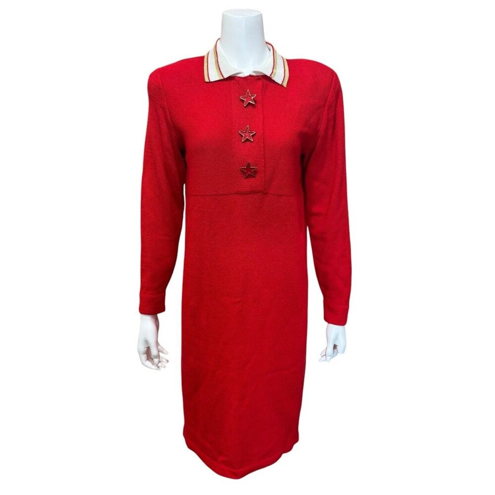 VTG Red Liz Claiborne Sweater Dress Nylon Acrylic Star Buttons Size Small